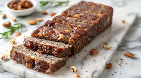 sliced nut roast on white marble desk. a baked vegetarian dish made from a mixture of ground or chopped nuts, vegetables, and herbsの素材