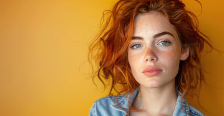 Close-up portrait of a red-haired woman in a denim shirt on a plain yellow background. Advertising banner with space for textの素材