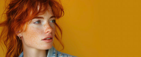 Close-up portrait of a red-haired woman in a denim shirt on a plain yellow background. Advertising banner with space for textの素材