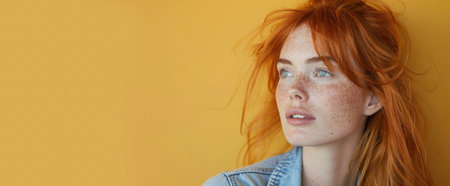 Close-up portrait of a red-haired woman in a denim shirt on a plain yellow background. Advertising banner with space for textの素材