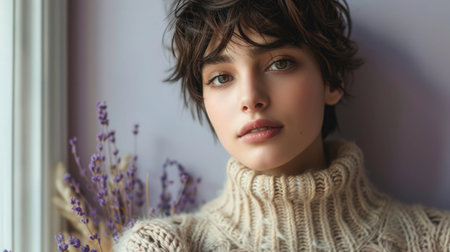 Young woman with a pixie hair cut on a pastel lavender background, her expression serene, in a soft wool sweater.の素材
