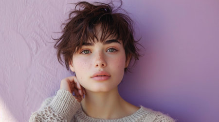 Young woman with a pixie hair cut on a pastel lavender background, her expression serene, in a soft wool sweater.の素材
