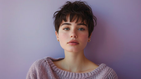 Young woman with a pixie hair cut on a pastel lavender background, her expression serene, in a soft wool sweater.の素材