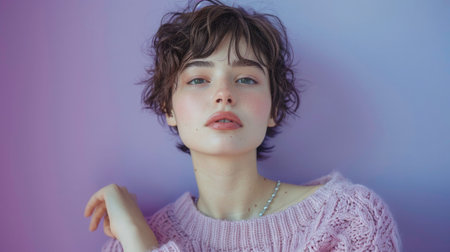 Young woman with a pixie hair cut on a pastel lavender background, her expression serene, in a soft wool sweater.の素材
