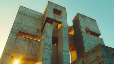 brutalist building at dusk, showcasing its raw concrete structure, geometric shapes and starkness of brutalist architecture.の素材
