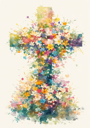 A watercolor illustration of a cross adorned with spring flowers and vines, symbolizing hope and resurrection associated with Easter.の素材