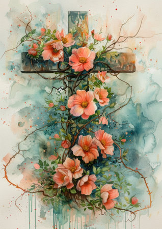A watercolor illustration of a cross adorned with spring flowers and vines, symbolizing hope and resurrection associated with Easter.の素材