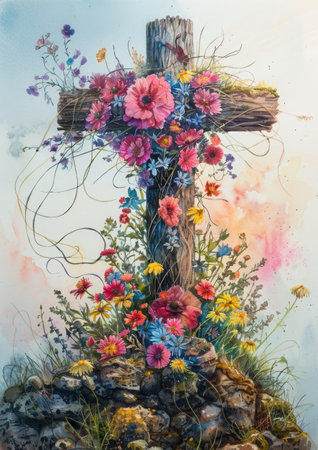 A watercolor illustration of a cross adorned with spring flowers and vines, symbolizing hope and resurrection associated with Easter.の素材