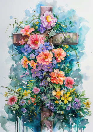A watercolor illustration of a cross adorned with spring flowers and vines, symbolizing hope and resurrection associated with Easter.の素材