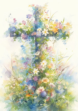 A watercolor illustration of a cross adorned with spring flowers and vines, symbolizing hope and resurrection associated with Easter.の素材