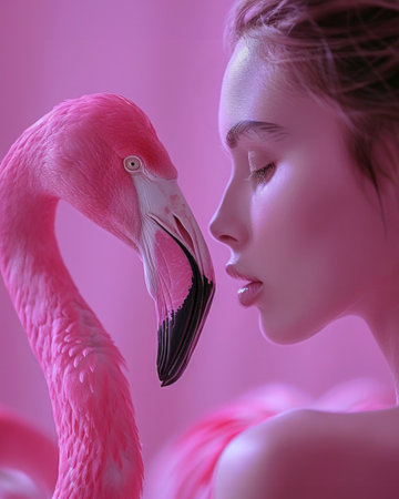 Creative portrait of a beautiful woman posing with a pink flamingo in a pink monochrome setting, a surreal yet harmonious coexistence of humans and wildlife.の素材