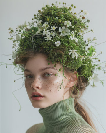 Ecological look. Portrait of a beautiful model decorated with living elements such as moss, leaves, and flowers, emphasizing the connection between humans and natureの素材