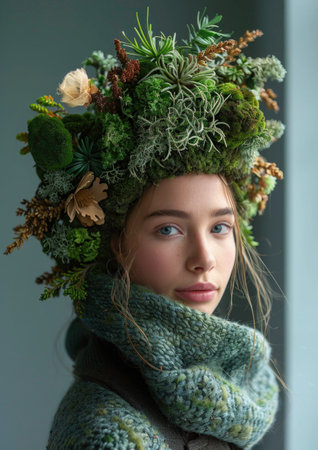 Ecological look. Portrait of a beautiful model decorated with living elements such as moss, leaves, and flowers, emphasizing the connection between humans and natureの素材