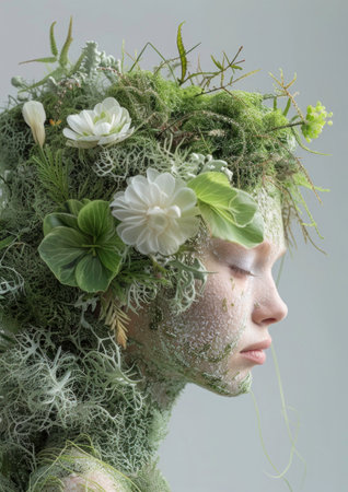 Ecological look. Portrait of a beautiful model decorated with living elements such as moss, leaves, and flowers, emphasizing the connection between humans and natureの素材