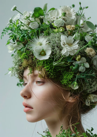 Ecological look. Portrait of a beautiful model decorated with living elements such as moss, leaves, and flowers, emphasizing the connection between humans and natureの素材