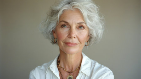 A contemplative mature woman with distinguished silver hair and a white shirt on a neutral beige backgroundの素材