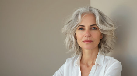 A contemplative mature woman with distinguished silver hair and a white shirt on a neutral beige backgroundの素材