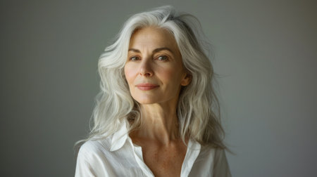 A contemplative mature woman with distinguished silver hair and a white shirt on a neutral beige backgroundの素材