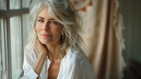 A contemplative mature woman with distinguished silver hair and a white shirt on a neutral beige backgroundの素材