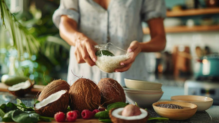 nutritionist is preparing a wellness smoothie using coconut water extracted from young coconutsの素材