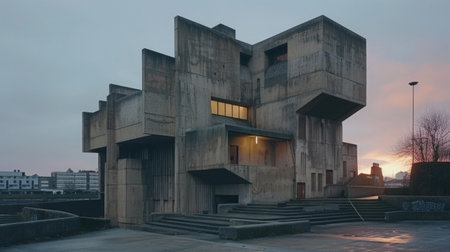 brutalist building at dusk, showcasing its raw concrete structure, geometric shapes and starkness of brutalist architecture.の素材