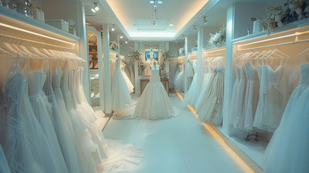 A collection of stunning wedding dresses showcases diverse styles and intricate designs in a well-lit bridal boutique.の素材