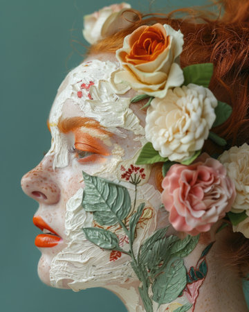 Creative portrait of woman with floral makeup. Model's skin painted with textured oil paint flower patterns.の素材