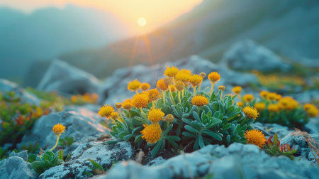 A close-up photograph of Rhodiola rosea (golden root) plant thriving in its natural rocky mountain habitat.の素材