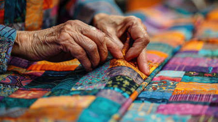 an artist's hands meticulously arranging fabric pieces on a patchwork canvas, with each patch carefully chosen and placed to create a harmonious composition.の素材
