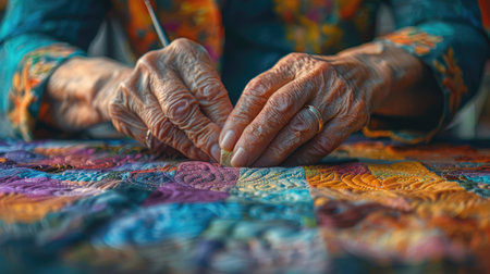 an artist's hands meticulously arranging fabric pieces on a patchwork canvas, with each patch carefully chosen and placed to create a harmonious composition.の素材