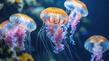 Group of vibrant jellyfish in aquarium,の素材