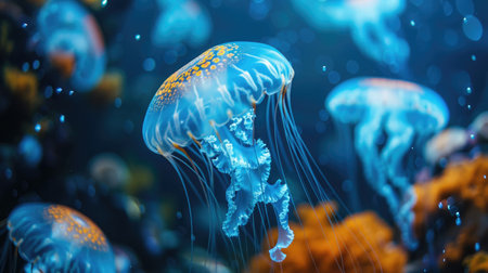 Group of vibrant jellyfish in aquarium,の素材