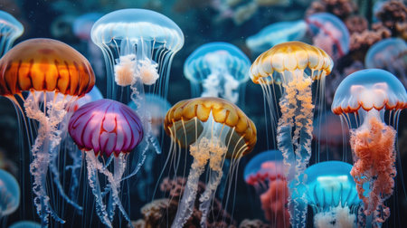 Group of vibrant jellyfish in aquarium,の素材