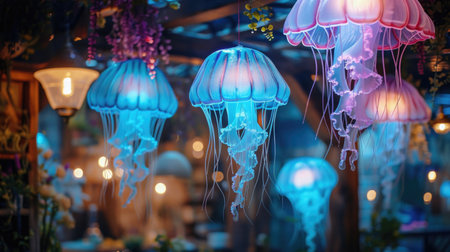 Lamps in the shape of fancy jellyfish. Interior design in jellyfishcore aesthetic style.の素材