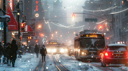 A busy city street in the midst of a snow squall, with pedestrians and vehicles navigating through the challenging conditions.の素材