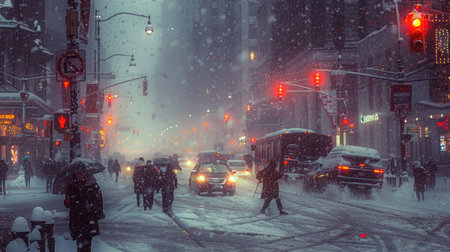 A busy city street in the midst of a snow squall, with pedestrians and vehicles navigating through the challenging conditions.の素材