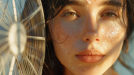 A woman's face with beads of sweat in front of a fan. Perimenopause, menopause, hot flashes, feverの素材