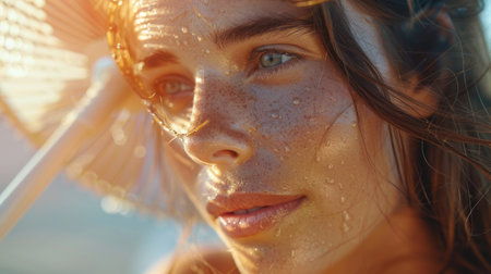 A woman's face with beads of sweat in front of a fan. Perimenopause, menopause, hot flashes, feverの素材