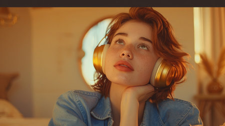 dreamy 20 year old woman with short tousled brown hair enjoying music in golden headphones.の素材