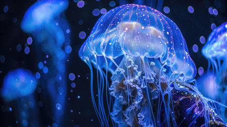Group of vibrant jellyfish in aquarium,の素材