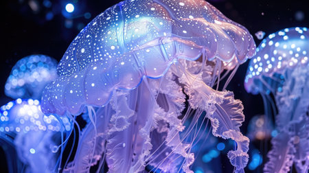 Group of vibrant jellyfish in aquarium,の素材