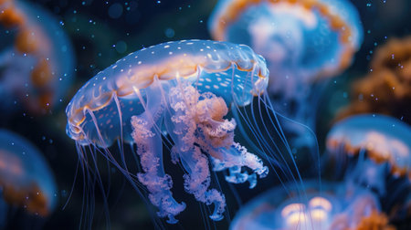 Group of vibrant jellyfish in aquarium,の素材