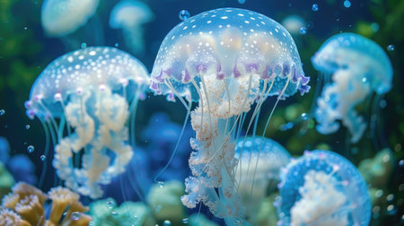 Group of vibrant jellyfish in aquarium,の素材
