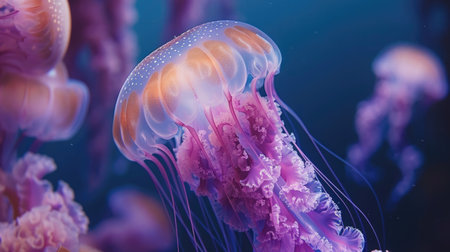 Group of vibrant jellyfish in aquarium,の素材