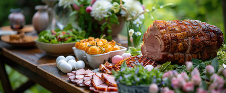 Glazed Ham and assorted appetizers on table in spring garden. Festive Easter Brunchの素材