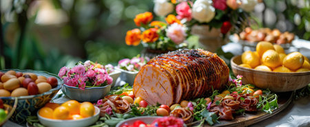 Glazed Ham and assorted appetizers on table in spring garden. Festive Easter Brunchの素材