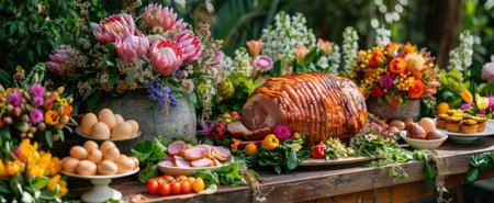 Glazed Ham and assorted appetizers on table in spring garden. Festive Easter Brunchの素材
