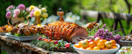 Glazed Ham and assorted appetizers on table in spring garden. Festive Easter Brunchの素材
