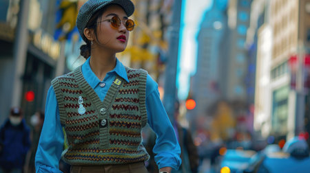 a young woman embodying the eclectic grandpa style, as she walks confidently through a bustling cityscape. She sports a playful mix of grandpa-inspired attire: a chunky, patterned sweater vest layered over a crisp, collared shirt, paired with high-waisted trousers and polished loafers.の素材