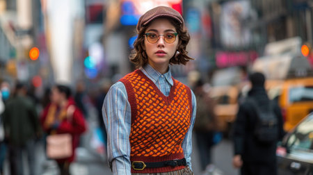 a young woman embodying the eclectic grandpa style, as she walks confidently through a bustling cityscape. She sports a playful mix of grandpa-inspired attire: a chunky, patterned sweater vest layered over a crisp, collared shirt, paired with high-waisted trousers and polished loafers.の素材